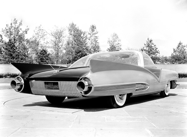 1955 Ford Mystere rear quarter in black and white