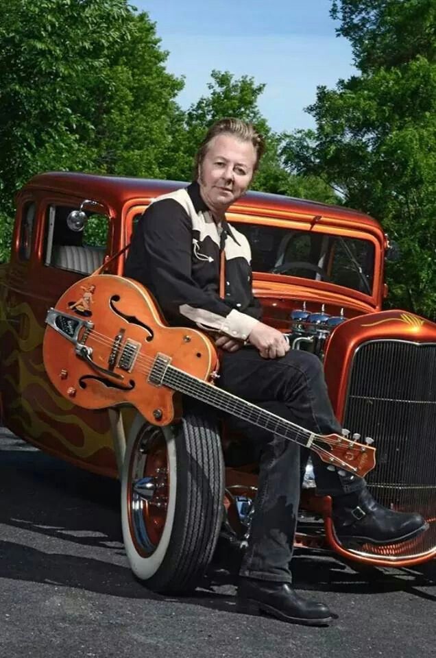 Brian Setzer with his Gretsch guitar and hot-rod