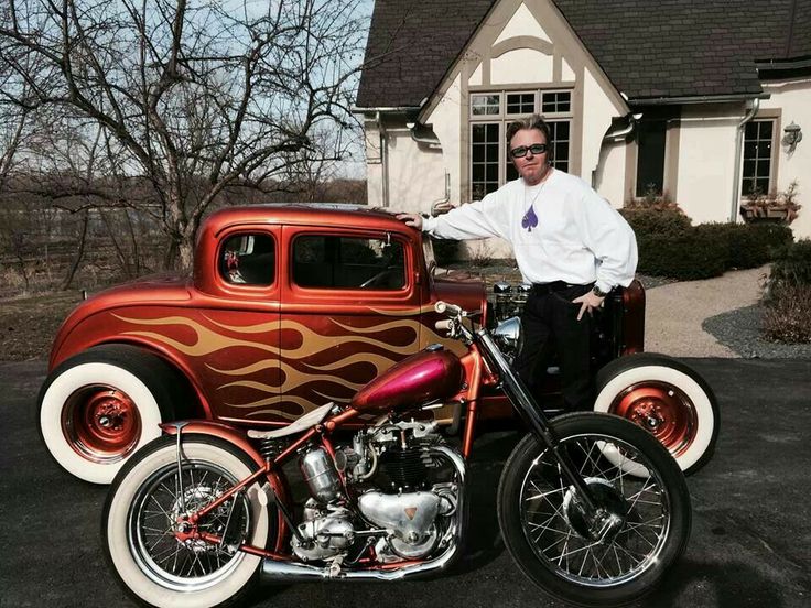 Brian Setzer with his bobber and a hot-rod Ford
