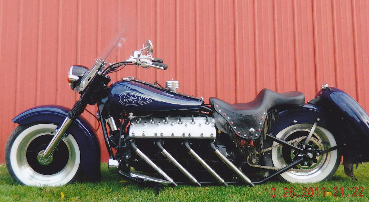 Custom motorcycle with Lincoln-Zephyr V12 01