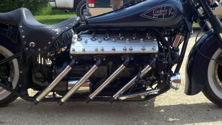 Custom motorcycle with Lincoln-Zephyr V12 10