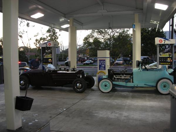 Dodge hot-rod with Cadillac V16 on a gas station
