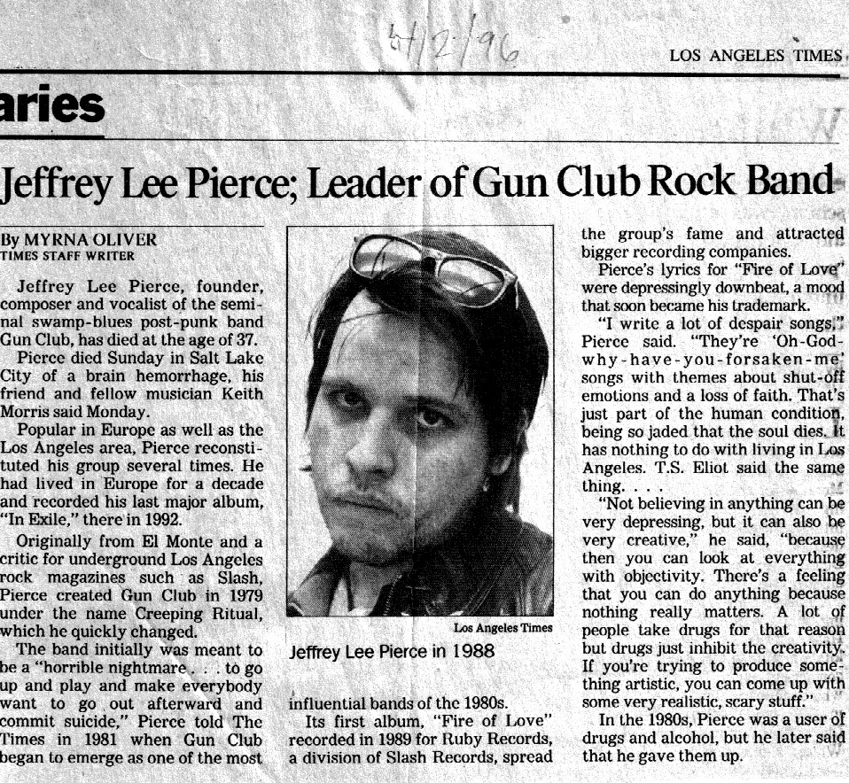 Obituary of Jeffrey Lee Pierce, Los Angeles Times, April 2, 1996