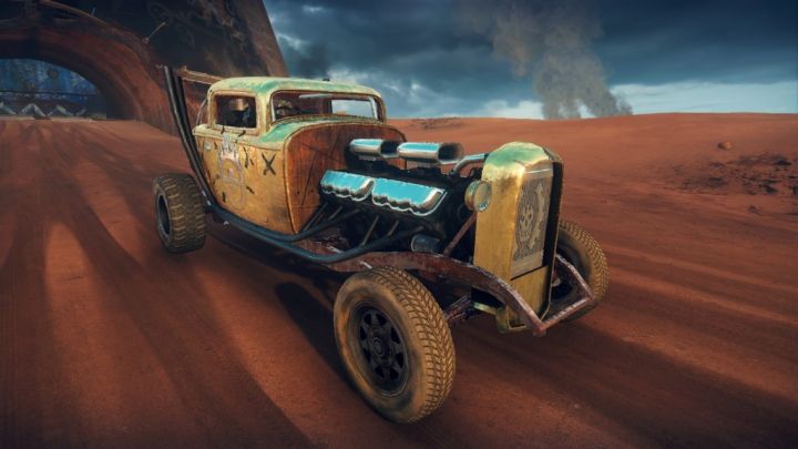 Elvis the GMC V12 hot-rod in the Mad Max video game, front quarter