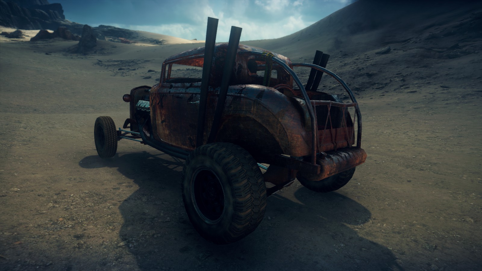 Elvis the GMC V12 hot-rod in Mad Max videogame, rusty version, rear quarter