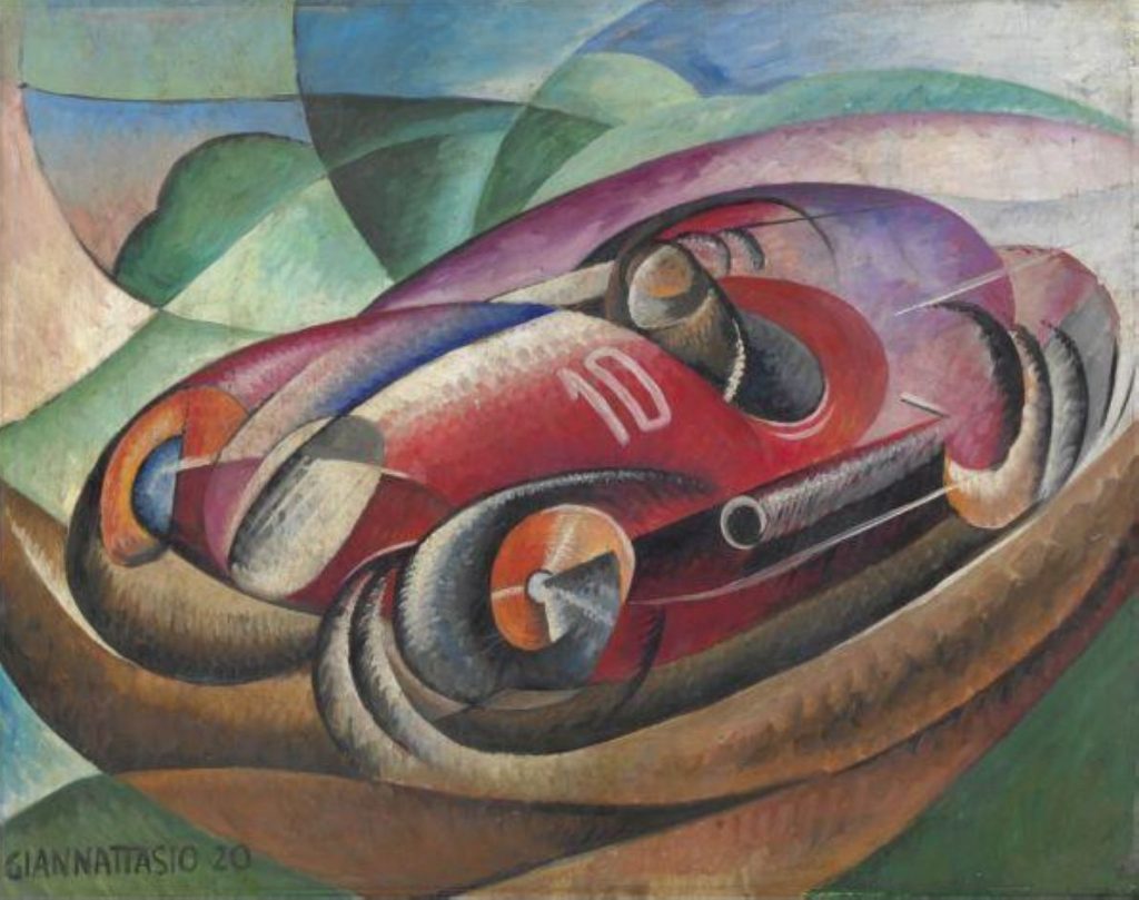 An unnamed 1920 painting by futurist Hugo Gianattacio depicting a racing car.