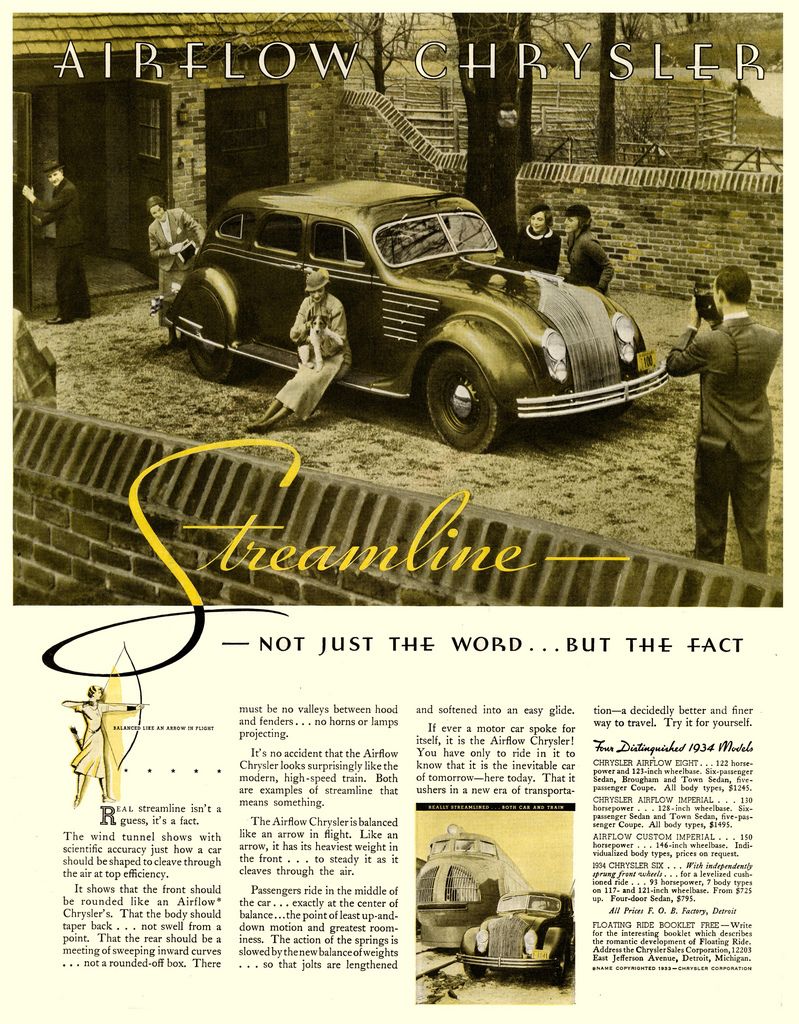 A print advertisement for a Chrysler Airflow car with the word Streamline.