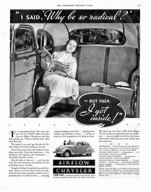 Print advertisement for the interior of a Chrysler Airflow car.