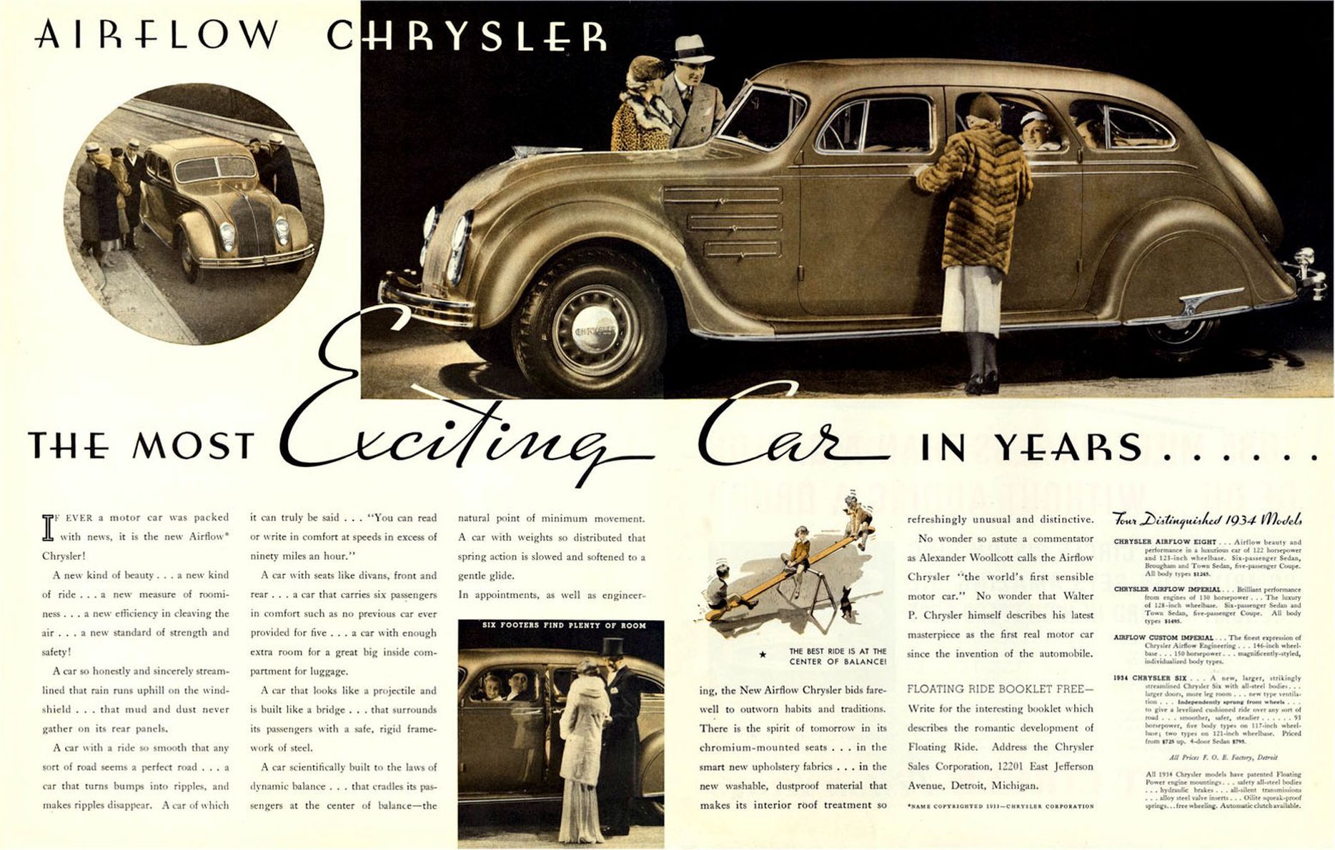 A print advertisement for a Chrysler Airflow car mentioning all four available models.