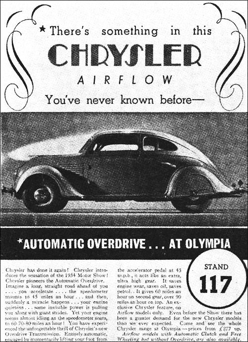 Print advertisement for the Chrysler Airflow car in Britain.