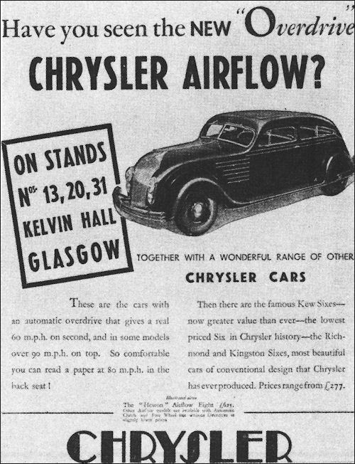 Print advertisement for the Chrysler Airflow car in Scotland.