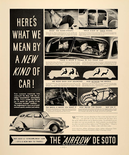 A print advertisement for a DeSoto Airflow car with the word streamed.