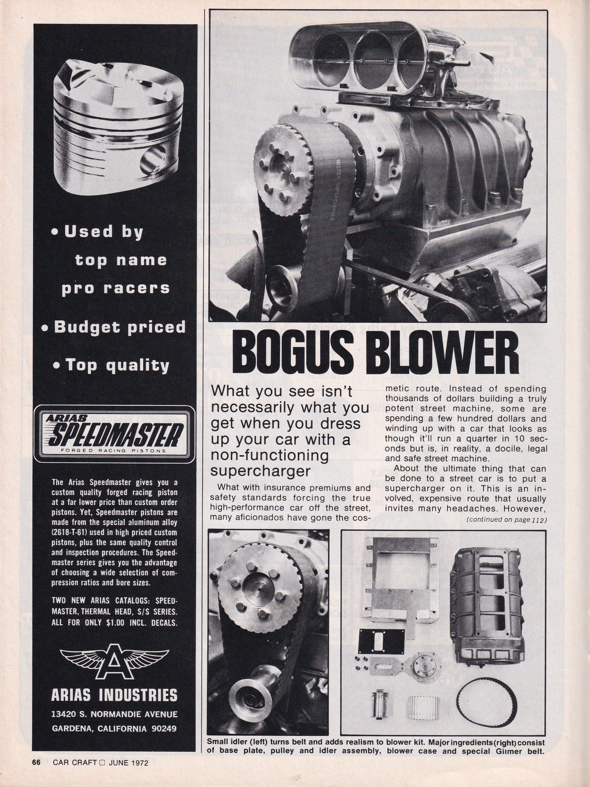 The Bogus Blower article from the June 1972 issue of Car Craft, page 1.