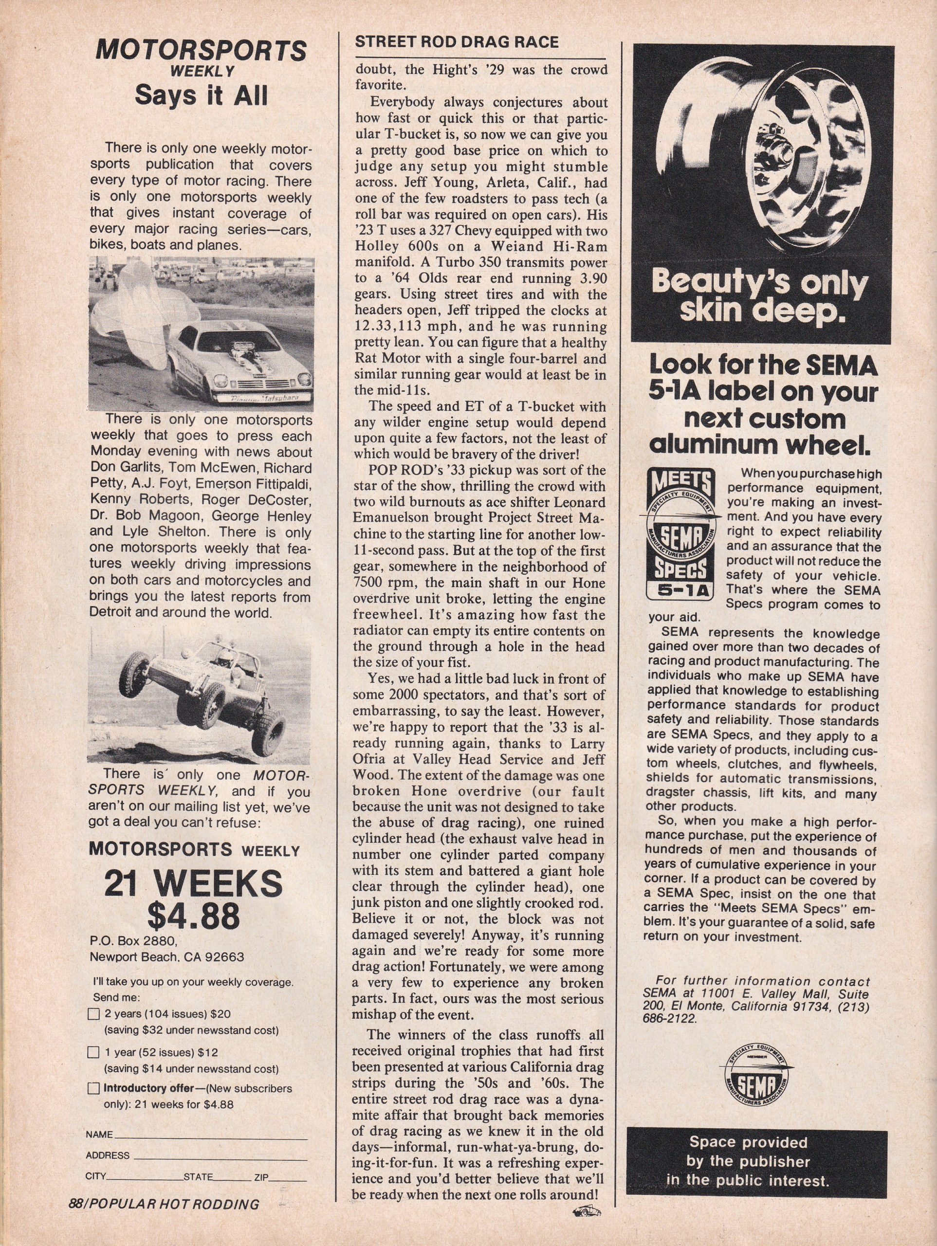 Street Rod Drag Race section from October 1975 issue of Popular Hot Rodding, page 5.