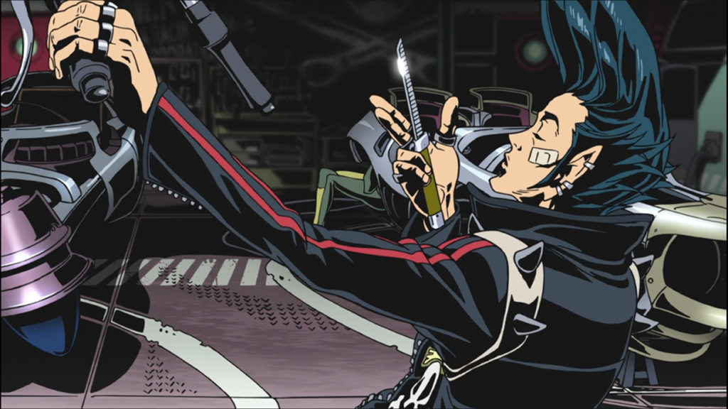 Redline (2009), the main character J.P. and his comb knife