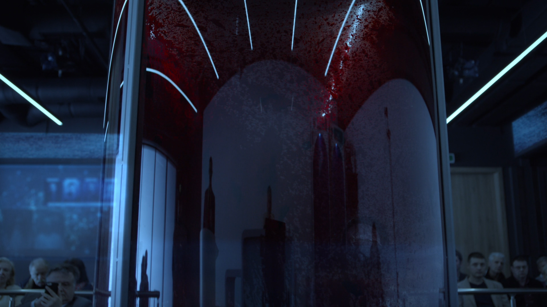 Execution from the movie The Car 2019, frame two, blood, blood, guts, well, you get it.