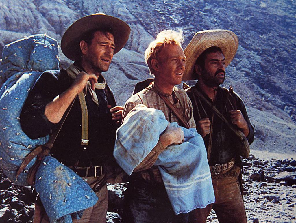 John Wayne, Harry Carey Jr., Pedro Armendariz in the movie Three Godfathers, 3 godfathers