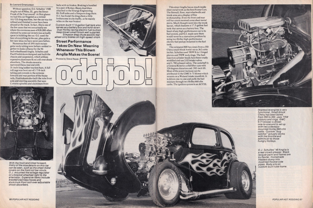 Scan of an article about Odd Job - 1948 Ford Anglia - from Popular Hot Rodding magazine, November, 1975, pages 1 and 2.