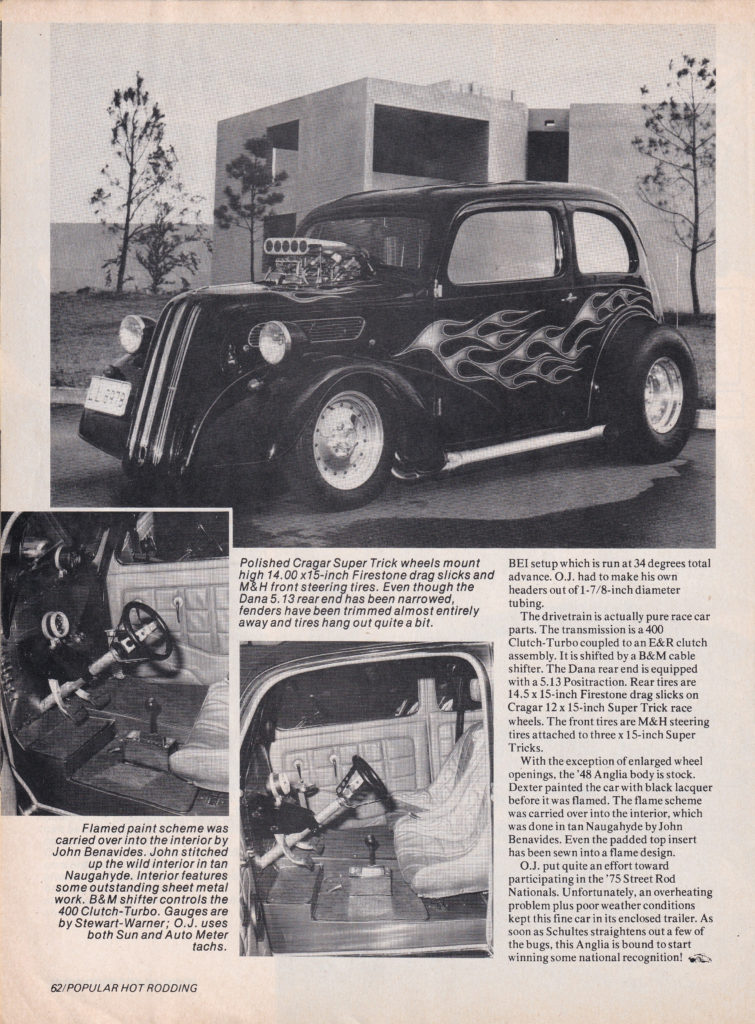 A scan of an article about Odd Job - 1948 Ford Anglia - from Popular Hot Rodding magazine, November, 1975, page 3.