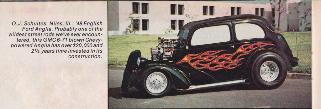 A scan of an article about Odd Job - 1948 Ford Anglia - from Popular Hot Rodding magazine, November 1975, page 4.