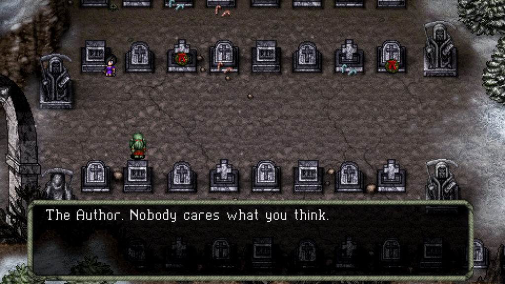 Cthulhu Saves Christmas, screenshot of the game, inscriptions on gravestones of the cemetery