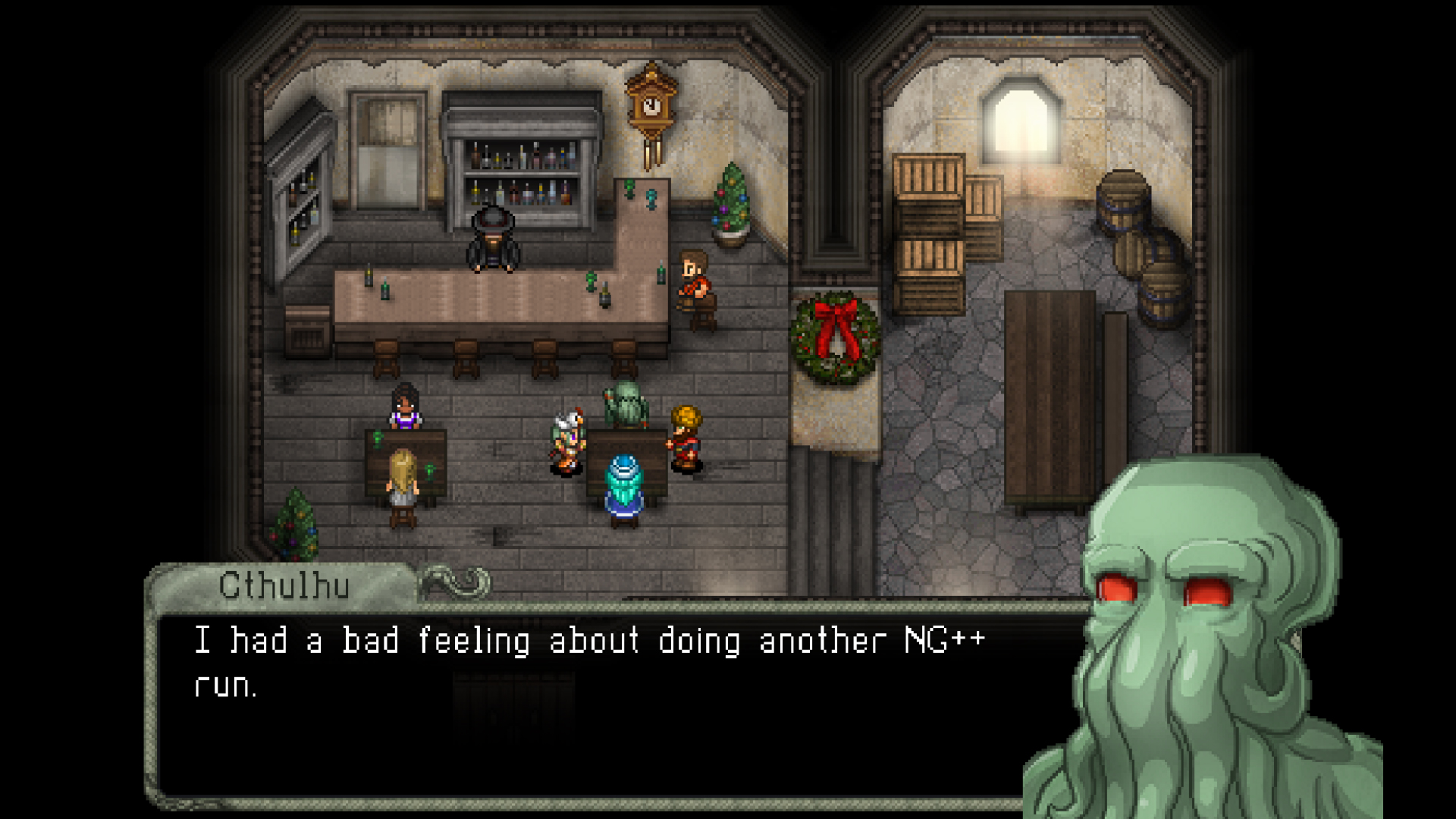 New Game Plus Plus, dialogue between Baba Yaga and Cthulhu, screenshot of the game Cthulhu Saves Christmas