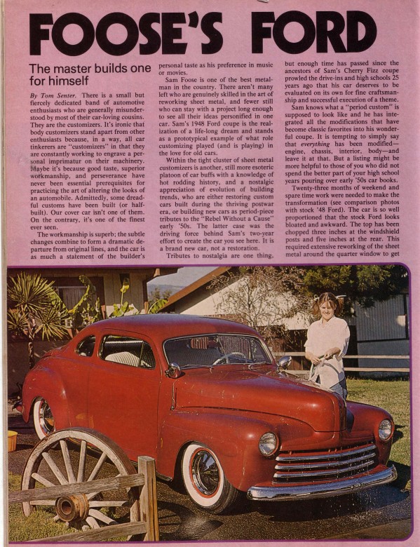 About Sam Fuze's 1948 Ford from Custom & Rod Ideas magazine, August 1977, page 1.