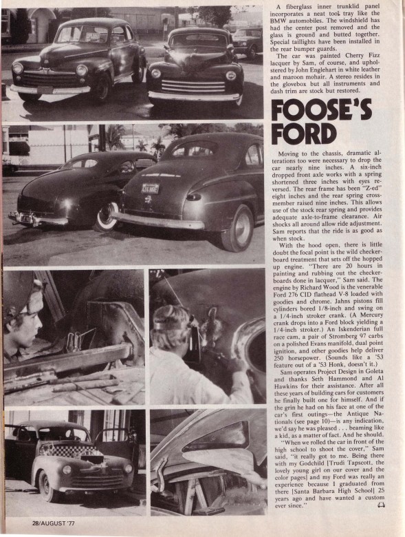 About Sam Fuze's 1948 Ford from Custom & Rod Ideas magazine, August 1977, page 3.