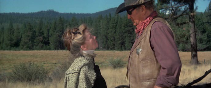 Katharine Hepburn and John Wayne in the film Rooster Cogburn 1975