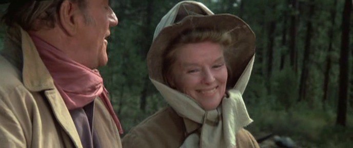 John Wayne, Katharine Hepburn, shot from the movie Rooster Cogburn, 1975