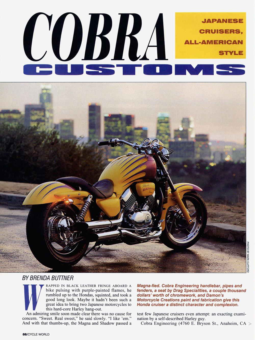 An article from Cycle World magazine about two custom motorcycles from the Cobra Customs workshop, page 1.