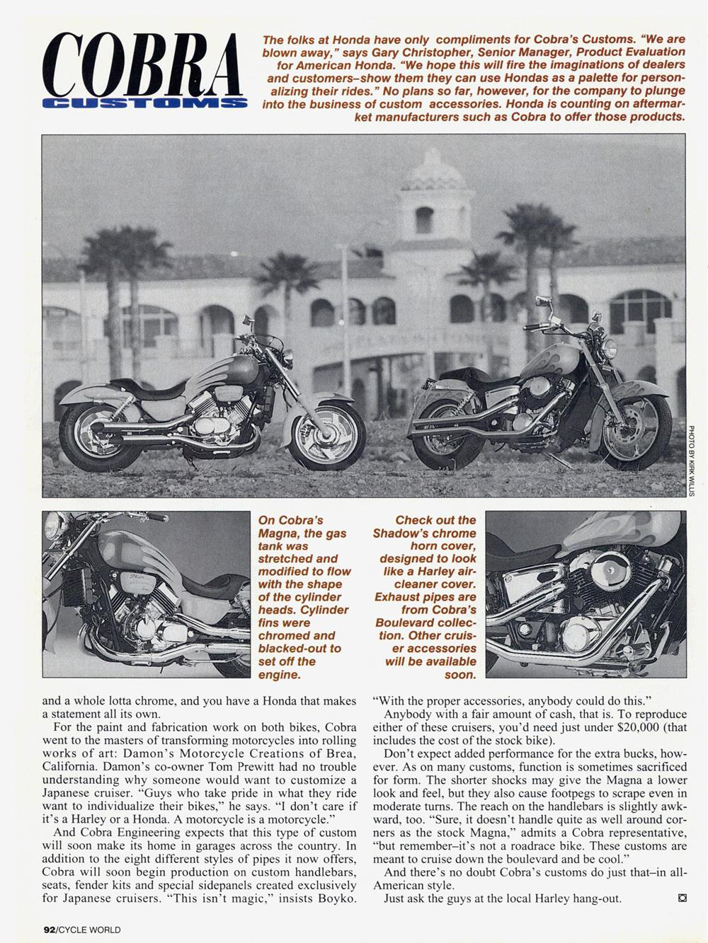 An article from Cycle World magazine about two custom motorcycles from the Cobra Customs workshop, page 3.