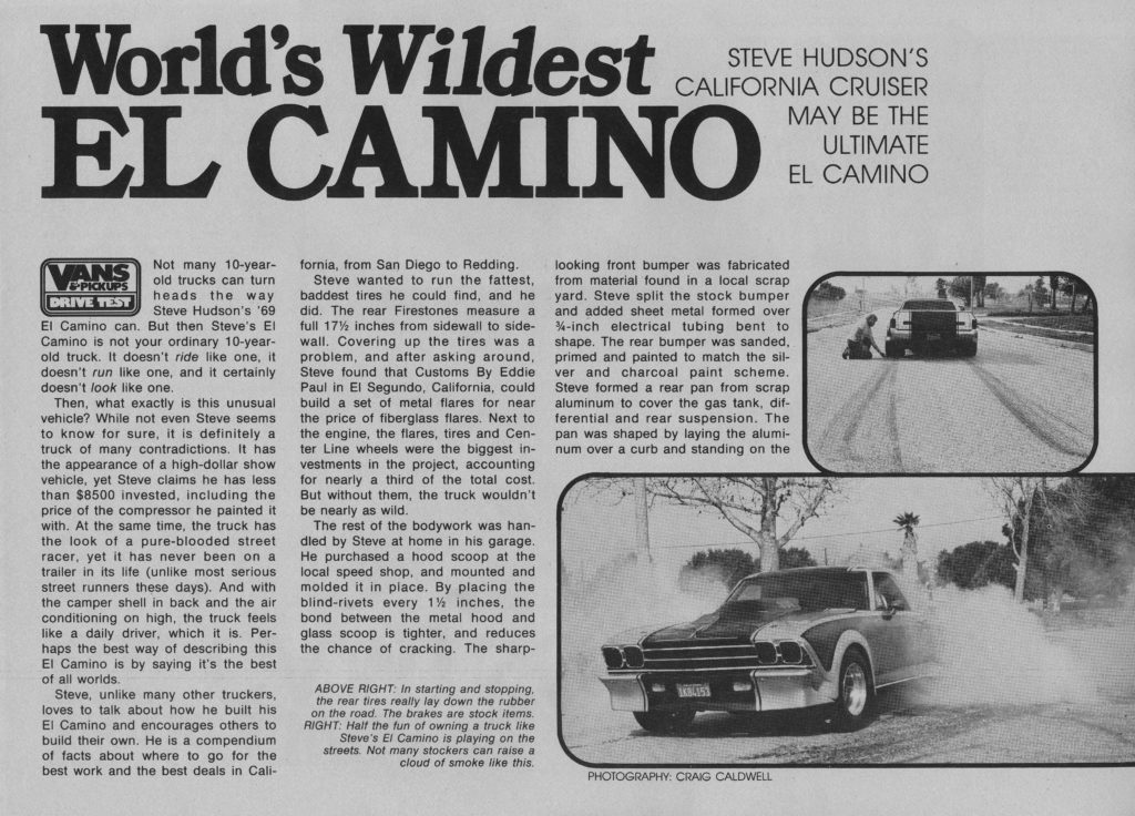 Article about Chevrolet El Camino by Steve Hudson from Vans & Pickups magazine in May 1979, page 1.