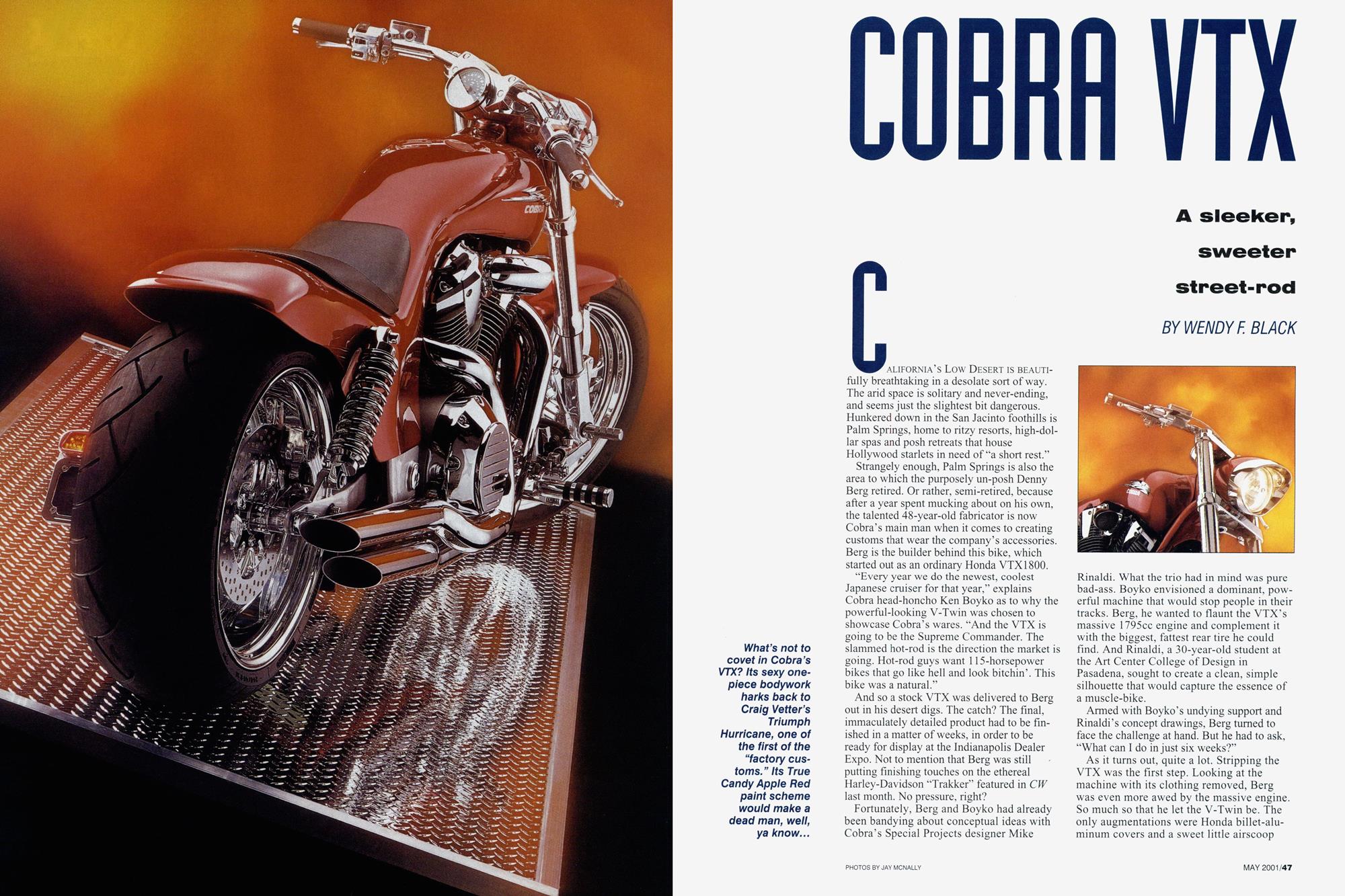 An article about a custom Honda VTX 1800 motorcycle in Cycle World magazine, 2001, scan 1.
