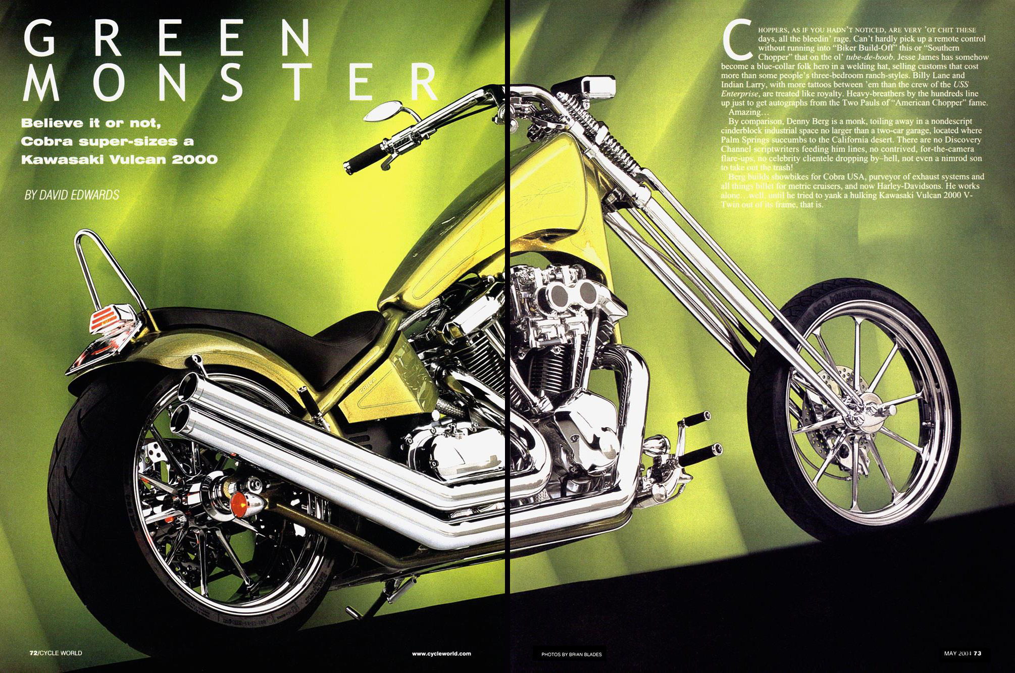 Article about chopper based on Kawasaki Vulcan 2000 motorcycle from Cycle World magazine, scan 1.