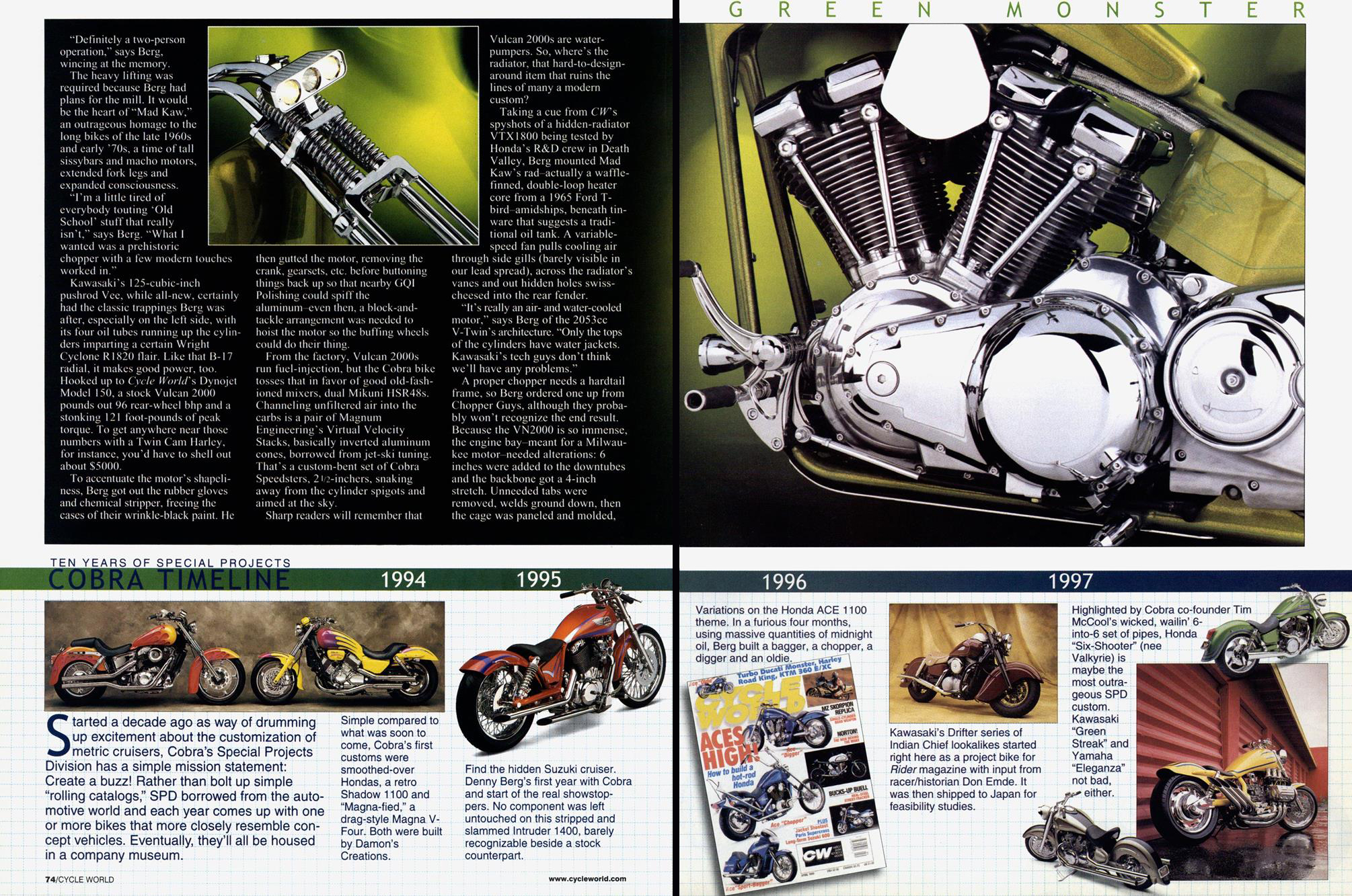 An article about a chopper based on a Kawasaki Vulcan 2000 motorcycle from Cycle World magazine, scan 2.
