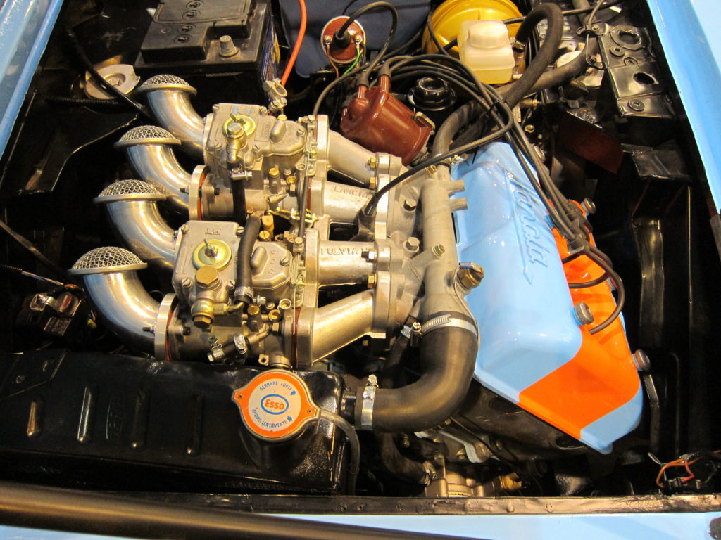 The V4 engine in the Lancia Fulvia Sport car.