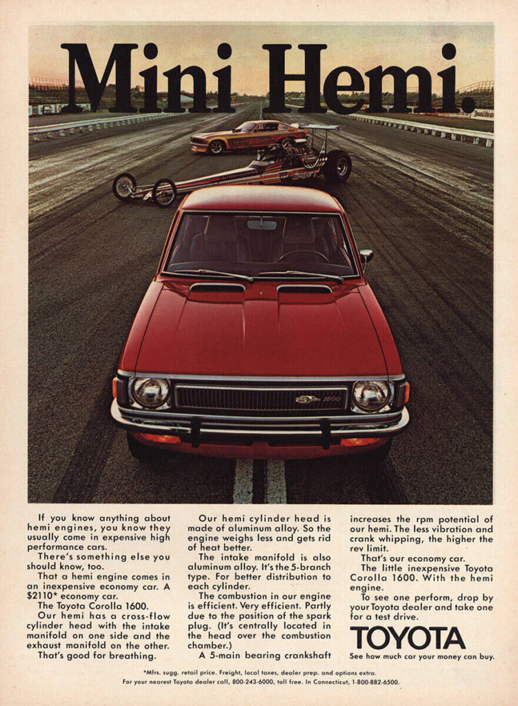 Advertisement for Toyota Corolla 1600 car with Hemi engine