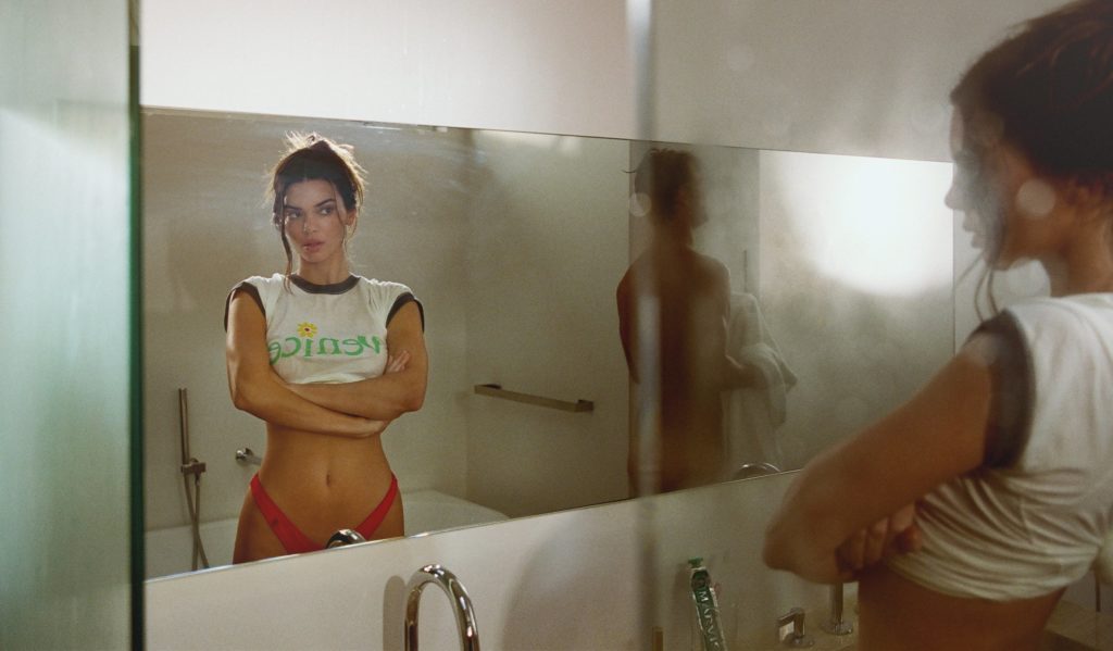 Kendall Jenner looking in the mirror in the shower