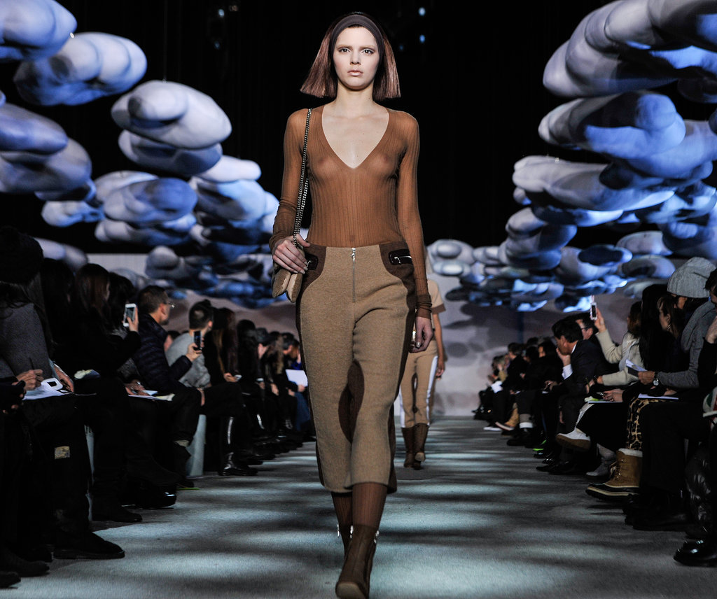 Kendall Jenner at the Marc Jacobs 2014 show almost topless in a sheer blouse with bob hairstyle
