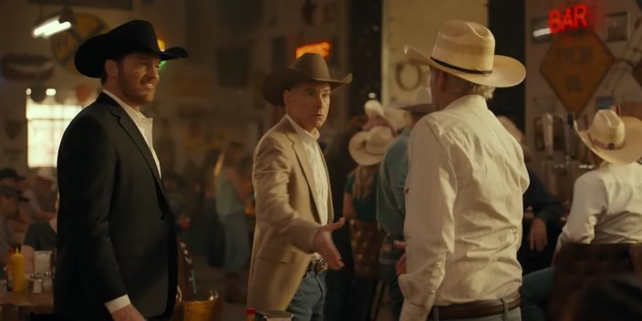 Texans in stetsons, meeting partners, shot from Landman