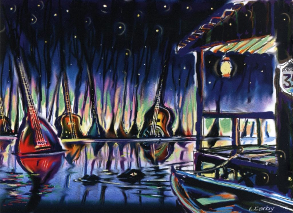 a painting with guitars and instruments from the booklet of John Fogerty's album Blue Moon Swamp