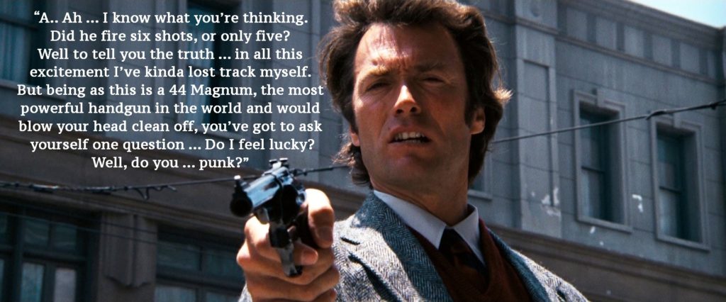 Dirty Harry 1970, a still from the film and the famous monologue by Frank Callahan 