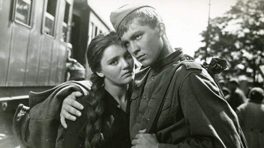 a shot from the film The Ballad of a Soldier (1959) with Vladimir Ivashov and Zhanna Prokhorenko