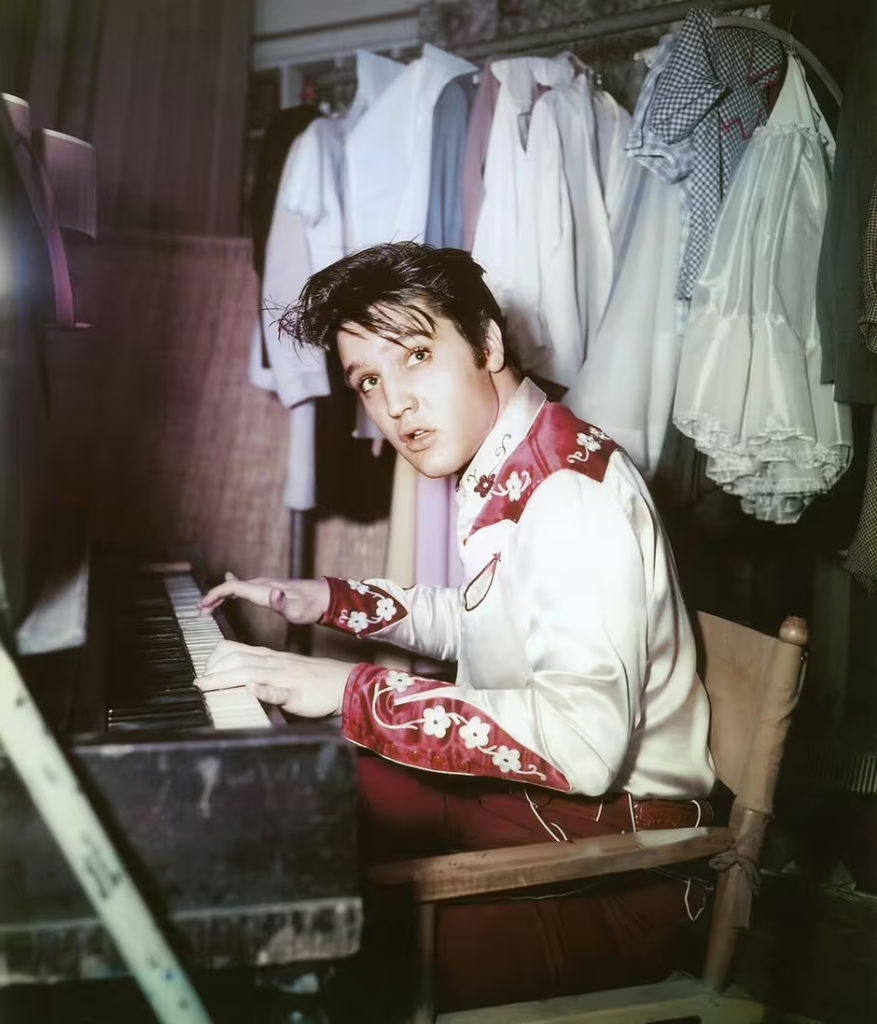 Color photo of Elvis from the filming of the movie Loving You, 1957