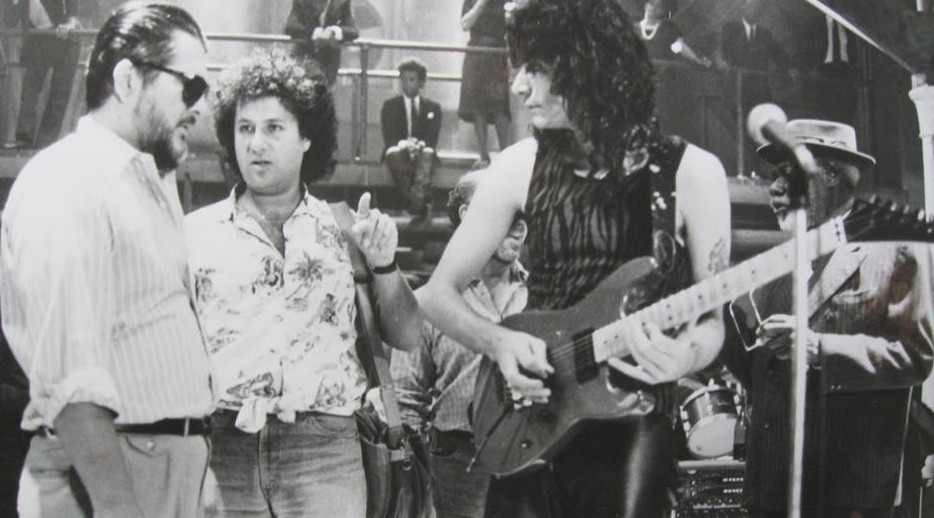 Walter Hill, Arlen Roth, Steve Vai on the set of the Guitar Duel
