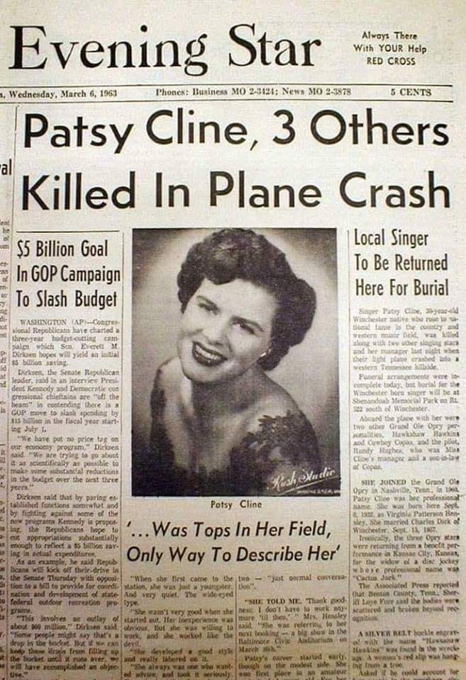 Patsy Cline, obituary in the Evening Star, March 6, 1963