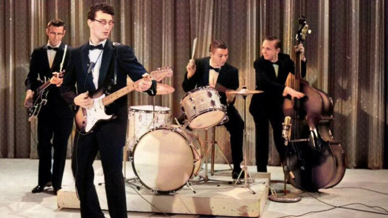 The Crickets group as a quartet: Nicky Sullivan, Buddy Holly, Jerry Ivan Allison, Joe Mauldin