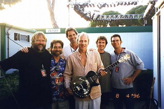 Mark Knopfler with the band, backstage in Antibes (France) after the final show of the Golden Heart tour 1996