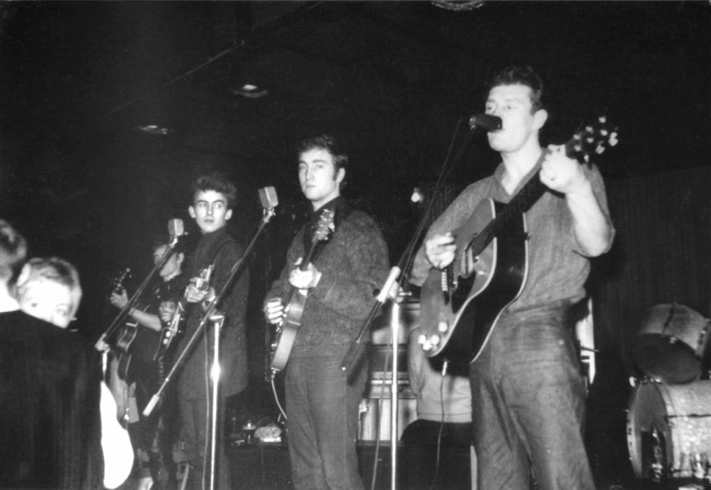 The Beatles, George Harrison, John Lennon, Tony Sheridan on stage, 1960